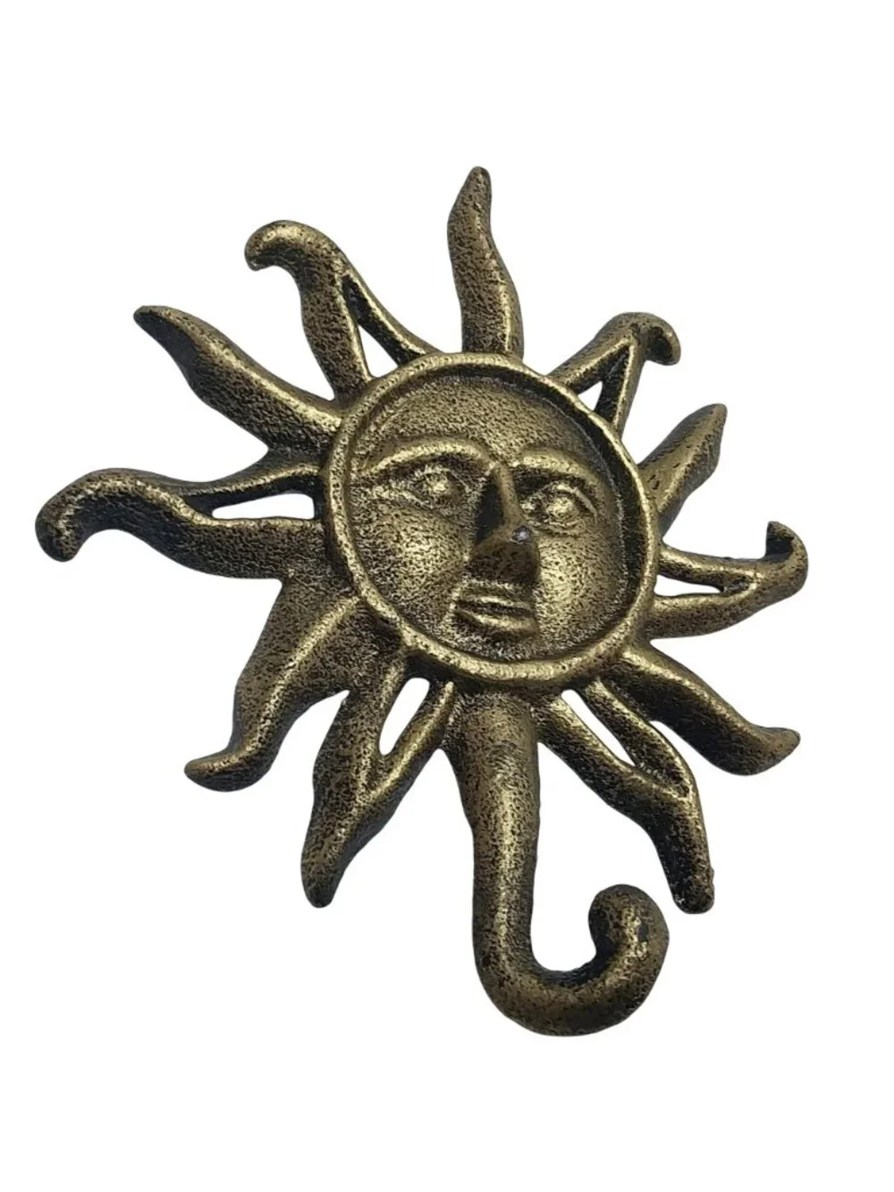 Vintage Cast Iron Celestial Sun Face Wall Hook With Antique Gold Finish